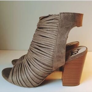 5/$50 EUC Fergalicious Jymboree Peeptoe Open Back Zip Heel Booties Grey/Tan Sz.8
